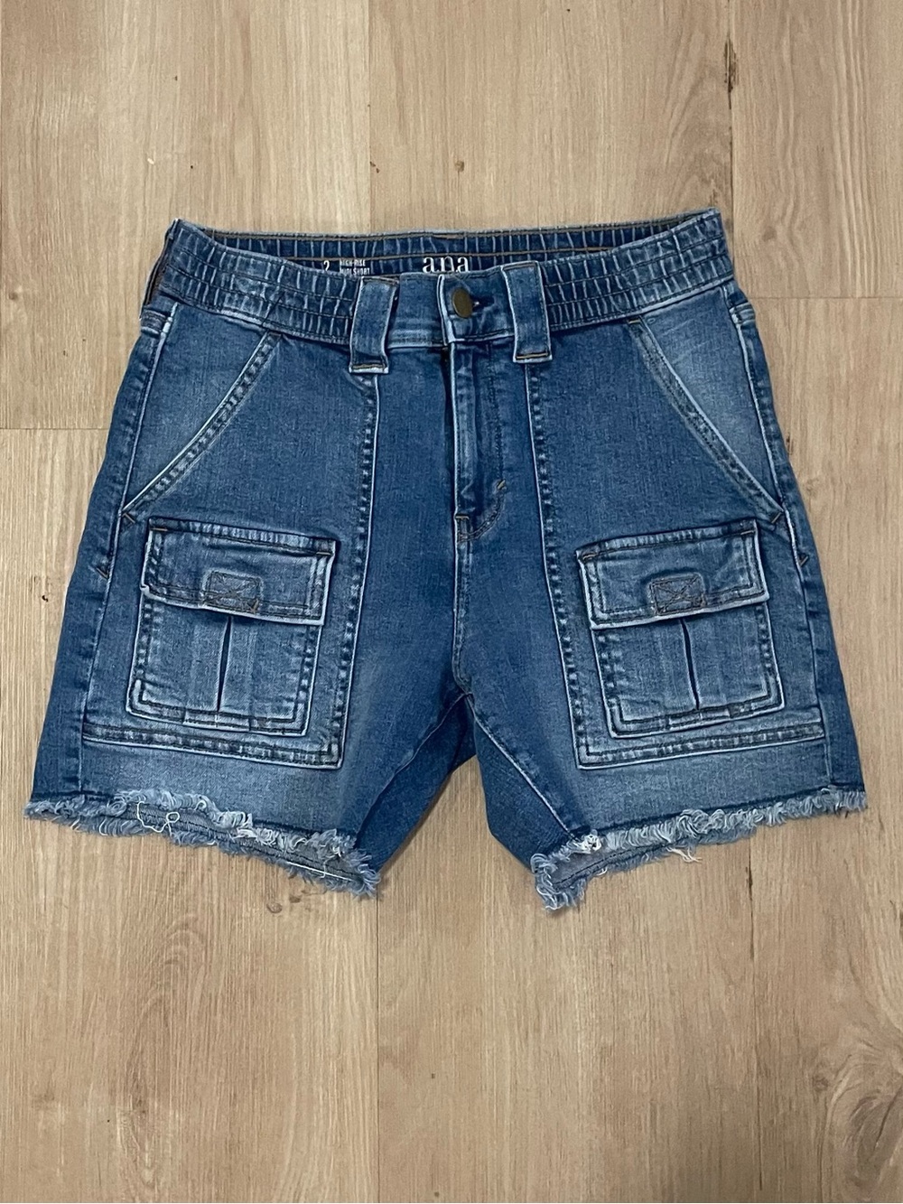 a.n.a Blue Denim Cargo Shorts with Frayed Hem
